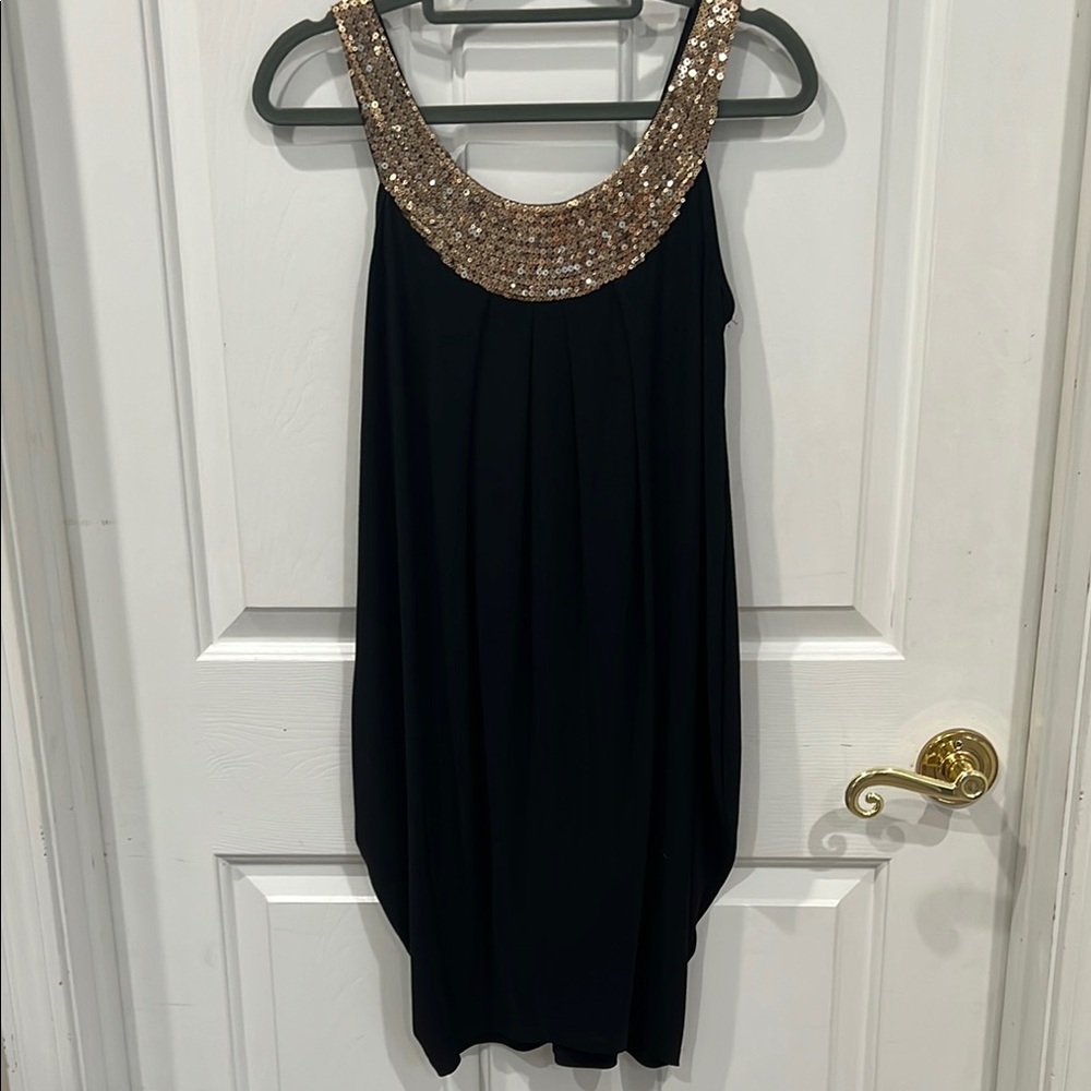 Black and Gold Sequin Embellished Babydoll Mini Dress